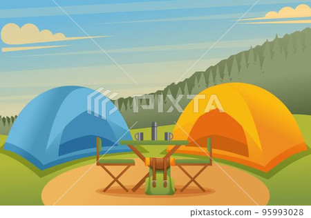 Camping in the forest, tents and a table with chairs in a beautiful meadow. Vector illustration 95993028