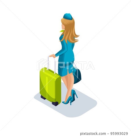 Isometric girl stewardess with things and suitcases is at the airport, waiting. Rear view, uniform shoes Isometric girl stewardess with things and suitcases is at the airport, waiting. Rear view, uniform shoes 95993029