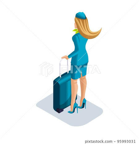 Isometric girl stewardess with things and suitcase stands at the airport, waiting for her flight. Rear view, uniform shoes 95993031
