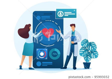 Doctor shows the patient how to use the application to maintain health. Flat 2D character. Concept for web design 95993032