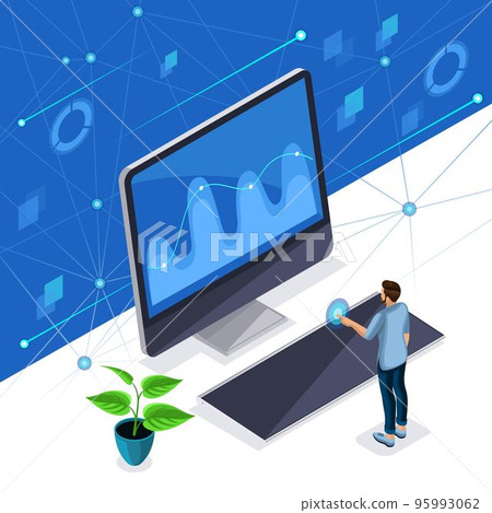 Isometric man in stylish clothes manages a virtual screen, a plasma panel, a stylish man uses high tech technology 95993062