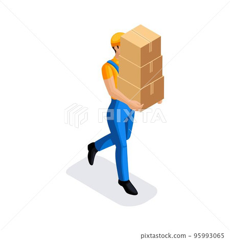 Isometric man in uniform has many cardboard boxes with orders. Fast delivery van. Delivery man. 3D character of emotion. Vector illustration 95993065