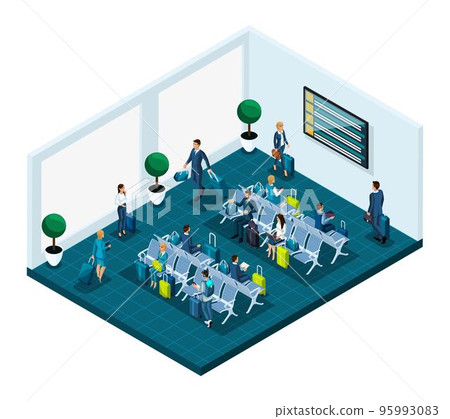 Isometric waiting room for an international airport, business ladies and businessmen on a business trip, passengers with luggage waiting for a flight to the plane 95993083