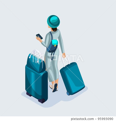 Isometric young girl at the airport and waiting for her flight, documents, suitcases and things for travel and travel 95993090