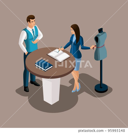 Isometric bank manager proposes to use the services of the bank, the tailor girl is considering the offer. Entrepreneur, Own business, work for yourself 95993148