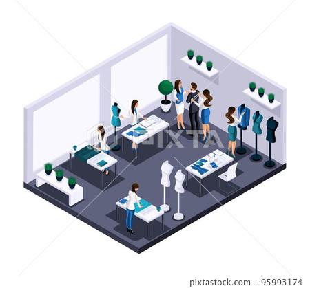 Isometric tailor room atelier process of sewing workshop work, customer service, tailoring, sketching, cutting. The entrepreneur working for himself, his own business 95993174