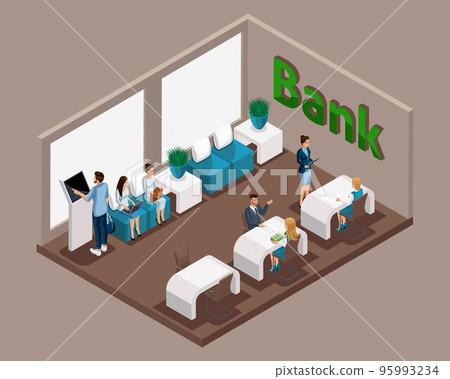 Isometric office of the bank, bank employees serve customers, electronic queue, waiting room, bank customers are waiting their turn to communicate with a consultant Isometric office of the bank, bank employees serve customers, electronic queue, waiting room, bank customers are waiting their turn to communicate with a consultant 95993234