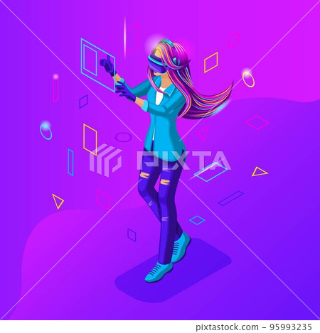 Isometric girl playing in a virtual game. Teenagers are young people with gadgets. Bright hair color, beautiful stylish colors 95993235