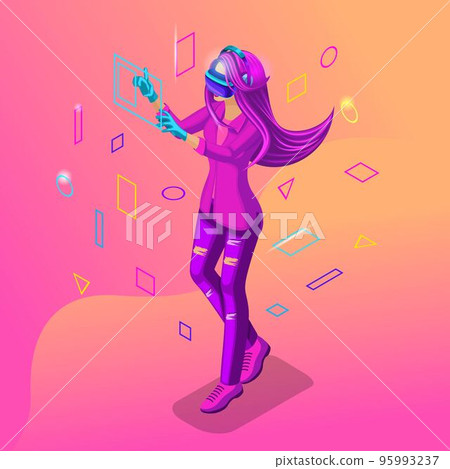 Isometric girl playing in a virtual game. The teenagers are generation Z with gadgets. Bright hair color, beautiful stylish colors 95993237