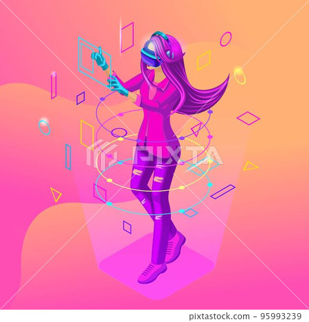 Isometric girl playing in a virtual game. The teenagers are generation Z with gadgets. Bright hair color, beautiful stylish colors on a colorful background Isometric girl playing in a virtual game. The teenagers are generation Z with gadgets. Bright hair color, beautiful stylish colors on a colorful background 95993239