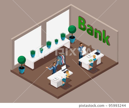Isometric office of the bank, bank employees serve customers, Loans for the development of their own business tailor, the opening of a tailor workshop Isometric office of the bank, bank employees serve customers, Loans for the development of their own business tailor, the opening of a tailor workshop 95993244