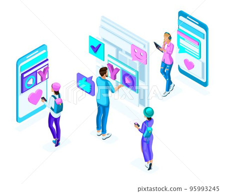 Isometric teenagers, use gadgets, phones, generation Z, colorful concept of social networking correspondence, a set of holographic people 95993245
