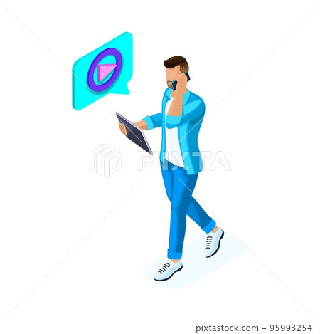 Isometric young man watches video and communicates in social networks on the tablet, maintains his blog. Teenagers and gadgets Isometric young man watches video and communicates in social networks on the tablet, maintains his blog. Teenagers and gadgets 95993254