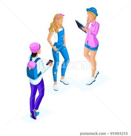 Isometry girl girlfriends, teenagers, generation Z, communicate using gadgets, smartphones, phones, tablets, social networks 95993255