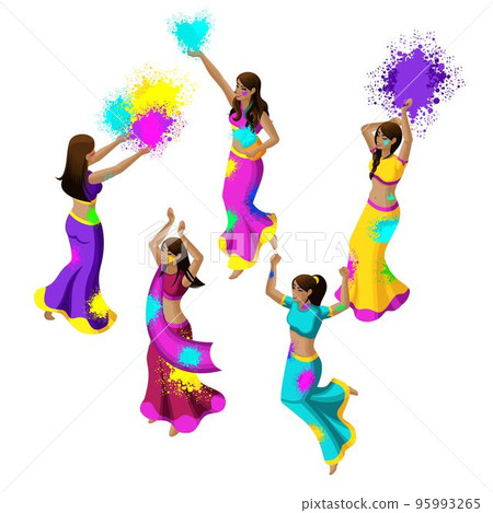 Isometric spring festival, festival of colors, indian girls jump, rejoice, happiness, throw colored powder, beautiful movements, sari dresses Isometric spring festival, festival of colors, indian girls jump, rejoice, happiness, throw colored powder, beautiful movements, sari dresses 95993265