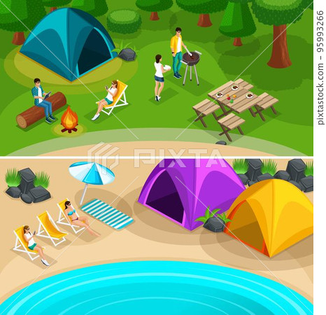Isometric Expedition travel hiking, 2 horizontal webpage banners with weekend friends picnic camping vacation, vector illustration Isometric Expedition travel hiking, 2 horizontal webpage banners with weekend friends picnic camping vacation, vector illustration 95993266