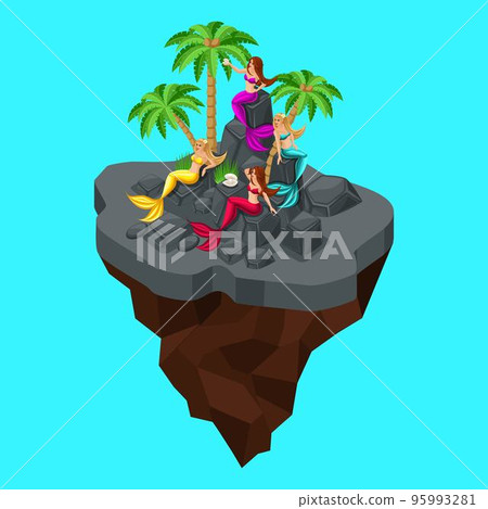 Isometry is a fairy island, a cartoon, a girl of mermaids, sitting on mantel rocks, on a blue sea background. Fairy-tale persona beautiful mermaids 95993281