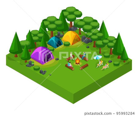 Isometric landscape of rest, friends at the weekend at the camping site, tents, people by the fire, fresh air, picnic, day off, active rest Isometric landscape of rest, friends at the weekend at the camping site, tents, people by the fire, fresh air, picnic, day off, active rest 95993284