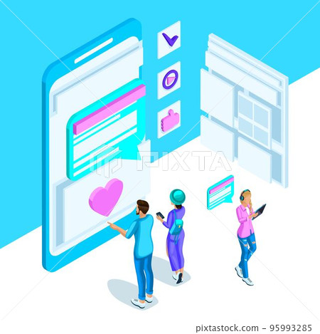 Isometry is a vivid template with an internet correspondence of young people, a smartphone, a monitor, messages. Bright holographic design 95993285