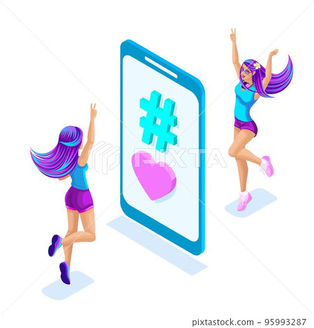 Isometry of the girls jumping, having fun, enjoying near the phone with a hashtag, colorful and bright hair color, bright stylish hair coloring. Glamorous concept 95993287