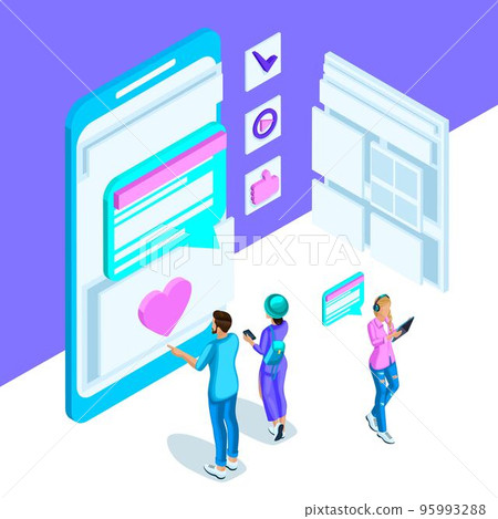 Isometry is a vivid template with an internet correspondence of young people, a smartphone, a monitor, messages. Bright holographic design set 2 95993288