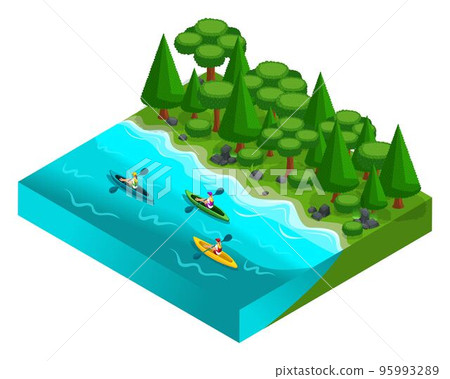 Isometric landscape of rest, friends on weekends ride on canoe, kayaks, fresh air, picnic, day off, active rest, lake, command Isometric landscape of rest, friends on weekends ride on canoe, kayaks, fresh air, picnic, day off, active rest, lake, command 95993289