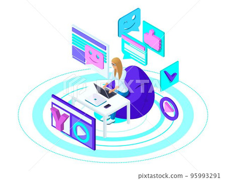 Isometry is a young girl with a smartphone, keeps her blog on the social network, records and watches video, talks to friends. Advertising concept Isometry is a young girl with a smartphone, keeps her blog on the social network, records and watches video, talks to friends. Advertising concept 95993291