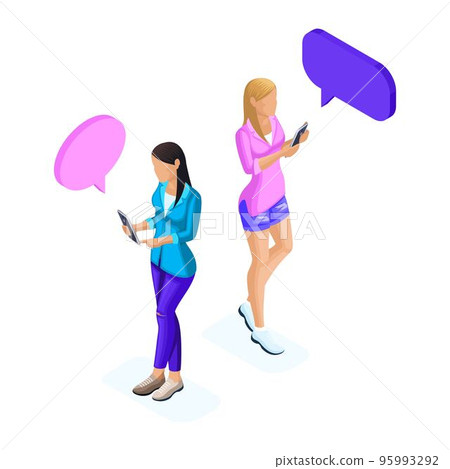 Isometry of young girls, communicates on the phone in social networks, conducts correspondence, telephone, tablet. Teenagers and gadgets 95993292