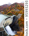 Autumn colored mountains and Kurobe Dam discharging water 95993293