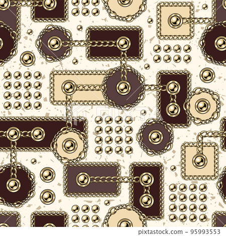 Seamless abstract pattern with geometric shapes, gold chains, beads, buttons. Circles, rectangels, square in random composition. Inspired of memphis style. Seamless abstract pattern with geometric shapes, gold chains, beads, buttons. Circles, rectangels, square in random composition. Inspired of memphis style. 95993553