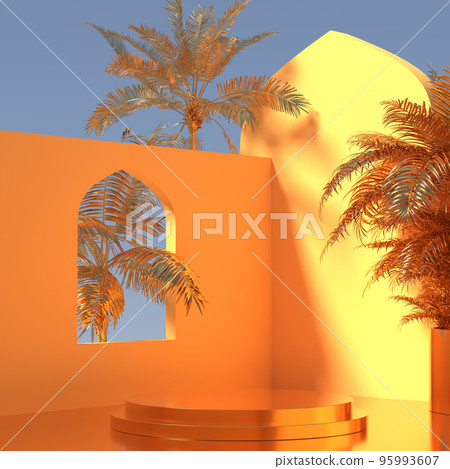 3D rendering product podium in minimal Oriental style: golden palms and yellow sunny walls with arch, design for cosmetics or product stand 3D rendering product podium in minimal Oriental style: golden palms and yellow sunny walls with arch, design for cosmetics or product stand 95993607