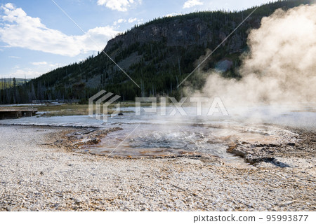 View of smoke emitting from hotspring amidst geothermal landscape. Erupted geyser in forest at Yellowstone national park. Famous tourist attraction with sky in background during summer. View of smoke emitting from hotspring amidst geothermal landscape. Erupted geyser in forest at Yellowstone national park. Famous tourist attraction with sky in background during summer. 95993877