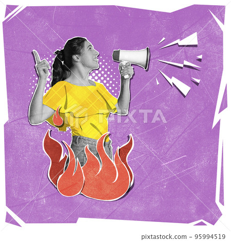 Contemporary art collage. Young girl shouting in megaphone expressing true information, fighting against fakes 95994519