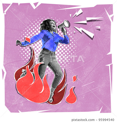 Contemporary art collage. Young woman shouting in megaphone, expressing social issues 95994540