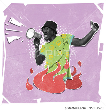 Contemporary art collage. Young african man shouting in megaphone over burning flame. Social equality issues Contemporary art collage. Young african man shouting in megaphone over burning flame. Social equality issues 95994579