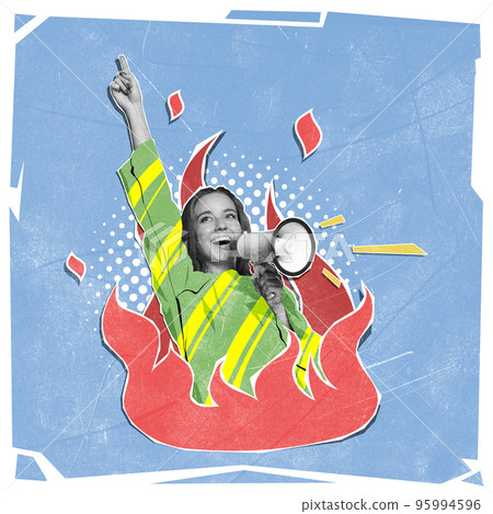 Contemporary art collage. Young cheerful woman shouting in megaphone. Burning news 95994596
