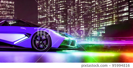 Futuristicc concept sport car in a metaverse city. Neon glowing. 3d 95994816