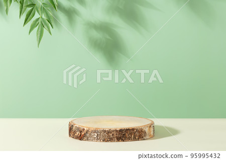 Wood slice podium on green background for cosmetic product mockup Wood slice podium on green background for cosmetic product mockup 95995432