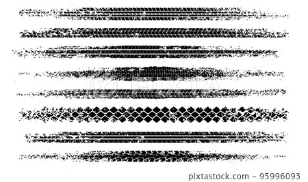 Set of black motorbike tire tread print with grunge effect isolated on white background 95996093