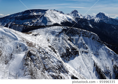 冬季從八嶽山脈西天狗山看到的寧石山莊和八岳的主要山峰 冬季從八嶽山脈西天狗山看到的寧石山莊和八岳的主要山峰 95996335