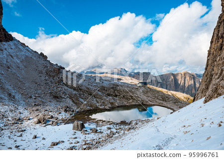 View to rifugio Pisciadu on Sella Ronda Dolomites Italy 95996761