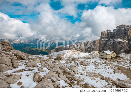 View to rifugio Pisciadu on Sella Ronda Dolomites Italy View to rifugio Pisciadu on Sella Ronda Dolomites Italy 95996762