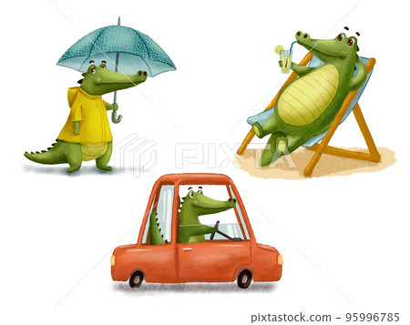 Funny crocodile in yellow raincoat holds umbrella, driving red car and lying on beach in chair. Watercolor animal character for birthday card isolated on white background 95996785