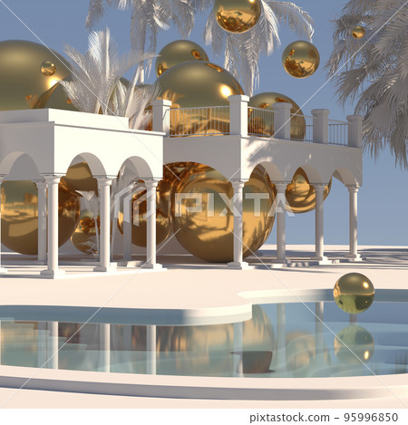 3D rendering of Middle East villa exterior with abstract golden balls. Minimal abstract background 3D rendering of Middle East villa exterior with abstract golden balls. Minimal abstract background 95996850
