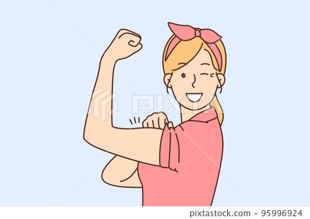 Smiling woman show muscles feeling powerful  95996924