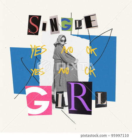 Contemporary art collage. Creative conceptual image of stylish young woman being single. Choice of partner Contemporary art collage. Creative conceptual image of stylish young woman being single. Choice of partner 95997110