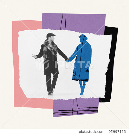 Contemporary art collage. Portrait of young man walking with female silhouette symbolizing breaking up with fiancee 95997133