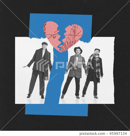 Contemporary art collage. Conceptual image. Photo with three men being separated. End of friendship 95997134