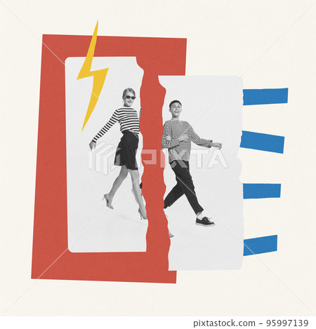 Contemporary art collage. Stylish young couple, man and woman. Parting. End of relationship 95997139