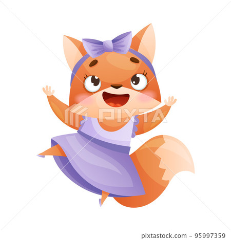 Cute kitty squirrel in purple tutu dress. Funny baby animal dancing cartoon vector illustration Cute kitty squirrel in purple tutu dress. Funny baby animal dancing cartoon vector illustration 95997359
